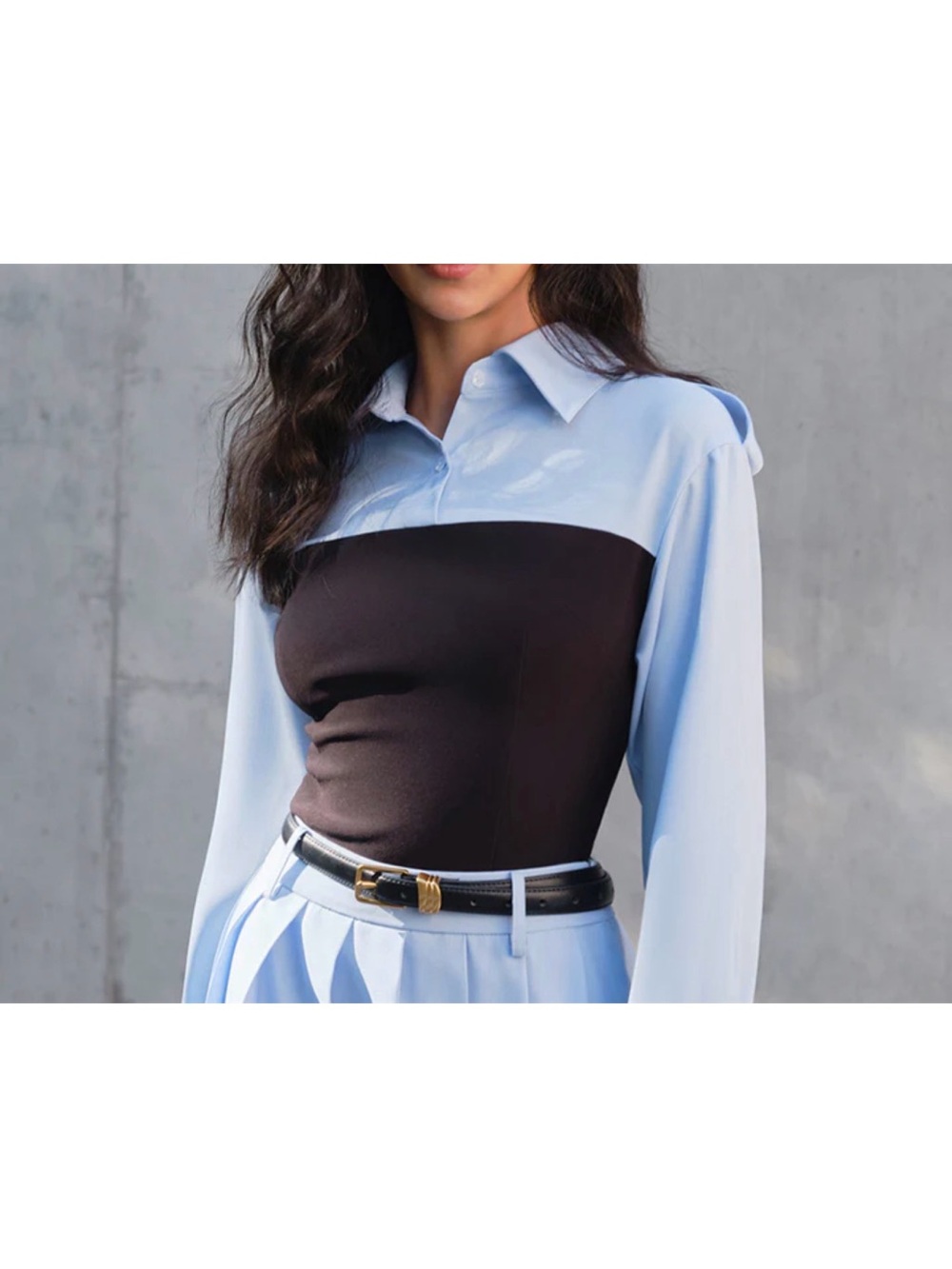 Commense Two-Tone Light Blue and Black Mixed-Media Top